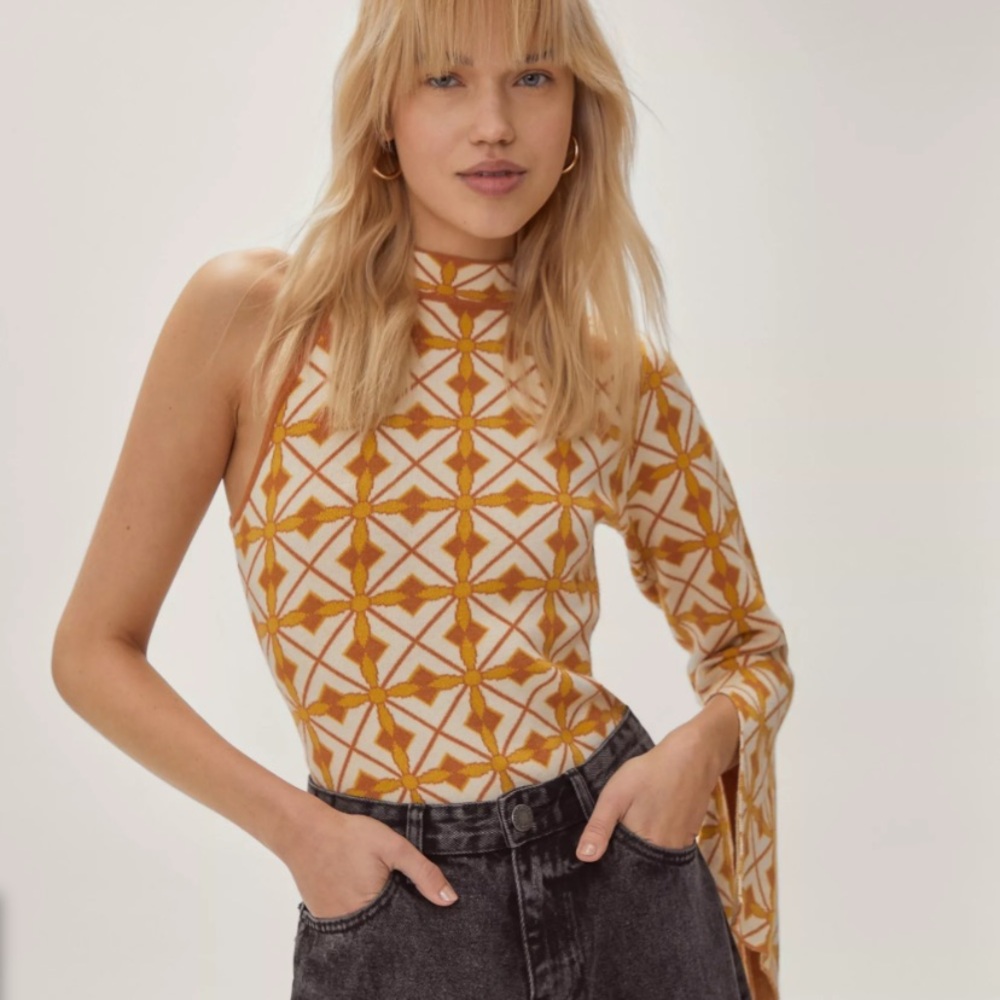 NWT nasty gal vintage pattern one shoulder knitted body suit